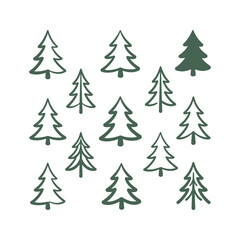 Obraz premium A collection of stylized green pine trees and Christmas tree doodles are arranged on a white background