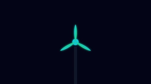 Glowing neon wind turbine animation rotating against dark 4k background, for renewable energy, and sustainability concepts