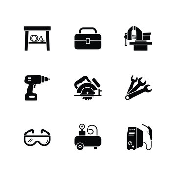Workshop Heavy Duty Power Tools Welding Machine and Compressor Icons Set