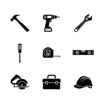 Construction Hand Tools Building Maintenance and Carpentry Hardware Icons Set