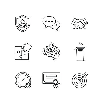 Brainstorming Innovation Strategic Solutions and Corporate Quality Line Icons Set