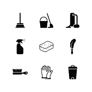 Cleaning Equipment Housekeeping Service Domestic Janitorial Tools and Sanitation Supplies Icons Set