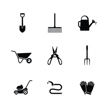 Gardening Equipments Horticulture Yard Maintenance Lawn Mower and Cultivation Tools Icons Set