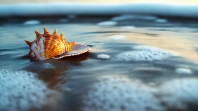 A seashell resting in shallow water with a reflection.