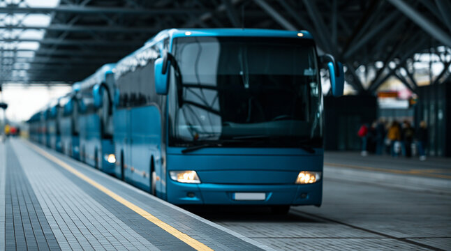 A row of blue passenger buses parked at a transit station platform. Great for public transportation ads.