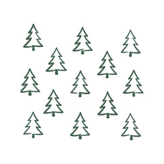 Fototapeta premium Multiple hand-drawn evergreen trees in a simple outline style, dark green on white