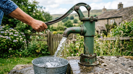 Naklejka premium Vintage Cast Iron Hand Water Pump Filling Metal Bucket in Rural Garden Landscape