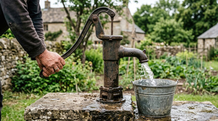 Fototapeta premium Old Hand Operated Cast Iron Water Pump Pouring Fresh Water into Metal Bucket in Country Garden