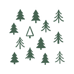 Obraz premium Stylized dark green evergreen trees and one outline Christmas tree illustration on white background