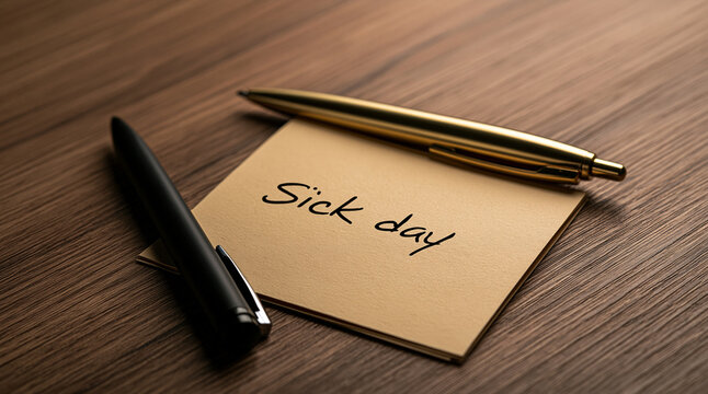 A note with Sick Day written on it next to pens on a wooden desk. Ideal for work absence or health leave concepts.