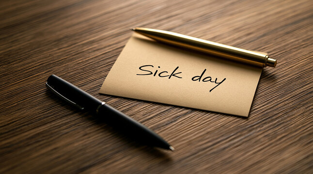A sticky note with Sick Day text and two pens on a wood surface. Perfect for workplace leave and absence concepts.