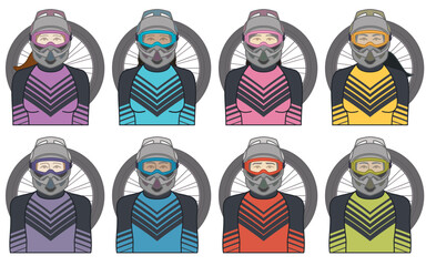 Fototapeta premium diversity, race, ethnicity of bmx motocross extreme sport, racing cyclist vector icons, male and female, wearing helmet, isolated on a white background