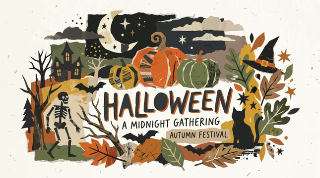 Halloween autumn festival collage illustration with pumpkins, skeleton, black cat, and haunted house on cream background.