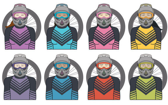 diversity, race, ethnicity of bmx motocross extreme sport, racing cyclist vector icons, male and female, wearing helmet, isolated on a white background