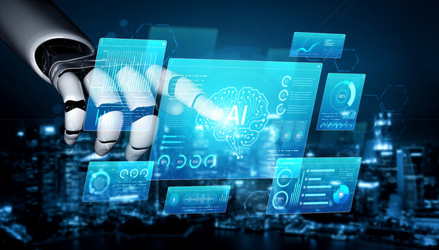 Comprehensive AI monitoring dashboard featuring neural network brain AI core surrounded by various AI data analytics widgets, charts, and voice recognition UI. AI High-tech data science. Corpus