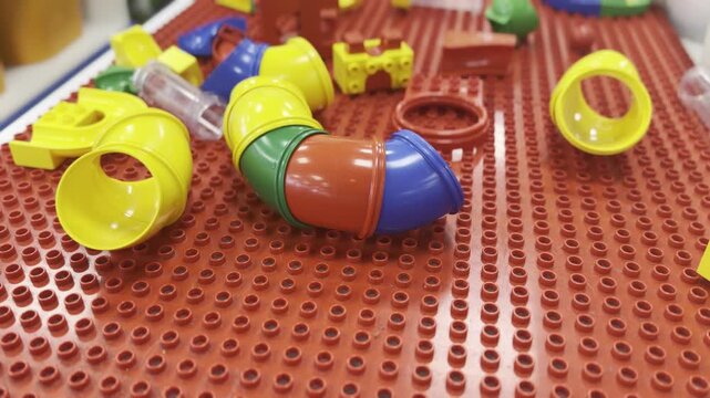 Colorful plastic toy pipes and building pieces scattered on a red baseplate, showing a playful construction play scene. lego