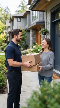 A smiling delivery person hands two packages to a happy recipient outside a modern home, embodying efficient service and customer satisfaction.