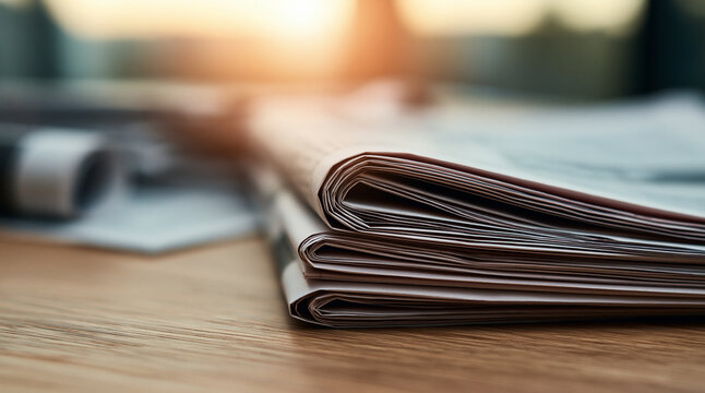 A stack of newspapers on a wooden table in warm morning sunlight. Ideal for media and news concepts.