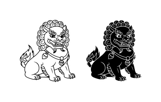 Guardian Lion Vector, Foo Dog Illustration, Mythical Creature Symbol, Asian Art Icon, Black and White Design
