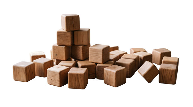 Natural wooden cubes stacked in a pile, blank timber blocks for business concepts, brown oak wood square elements isolated on white background