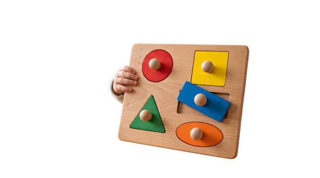 Wooden geometric shape puzzle held by toddler hand, colorful montessori educational toy for early childhood development, primary color peg board