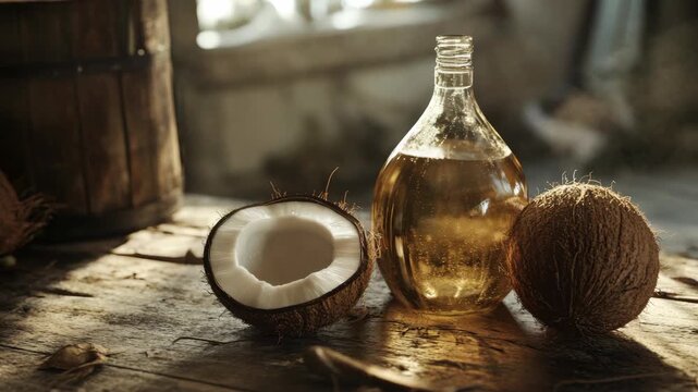 Close-up of coconut oil and cracked coconuts on weathered surface.