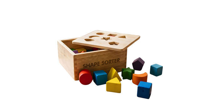 Wooden shape sorter toy with colorful geometric blocks, educational montessori learning set for toddlers, natural timber box with multi-colored pieces