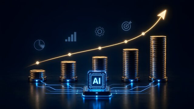 Glowing AI microchip driving an upward financial trend line over ascending coin stacks, symbolizing artificial intelligence in trading, investment growth, and digital economy success.