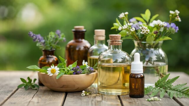 Natural herbal essential oils with fresh medicinal flowers and botanical plants on rustic wooden table in garden