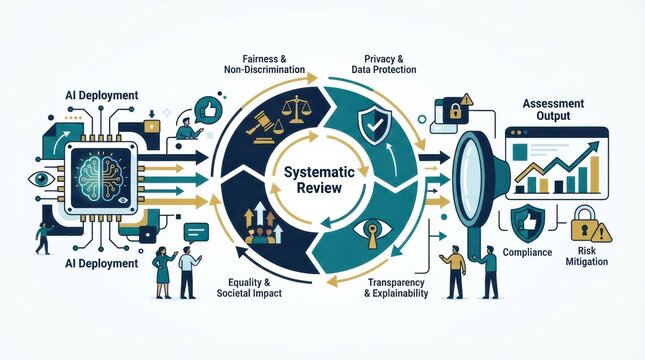 This visual outlines the process of reviewing AI deployment, focusing on fairness, transparency, compliance, and societal impact.