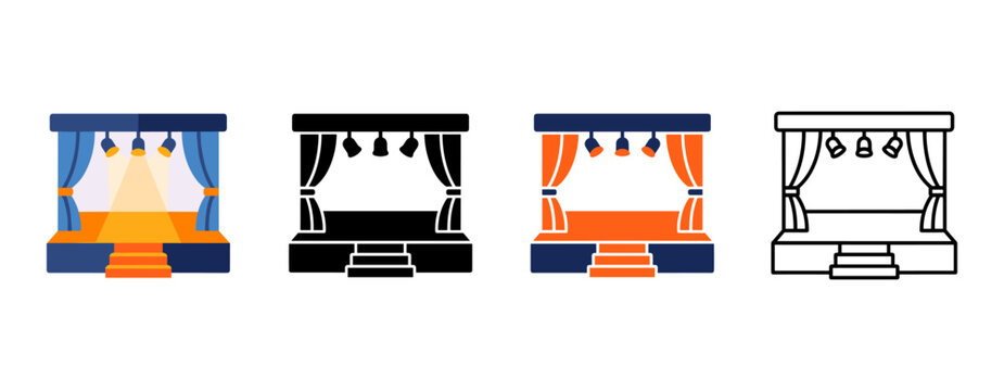 Stage Icon with Theater Performance Platform in Flat, Silhouette, Outline and Glyph Design