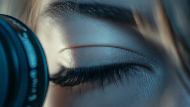Close-up of a person looking through a camera lens with a focused and intense gaze. The eye's blue iris is prominent against the blurred background.