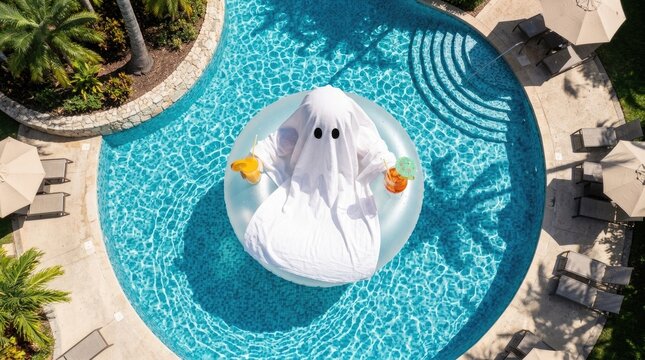 An aerial view of a cute halloween ghost inflatable float drifting on the clear blue water of a sunny swimming pool