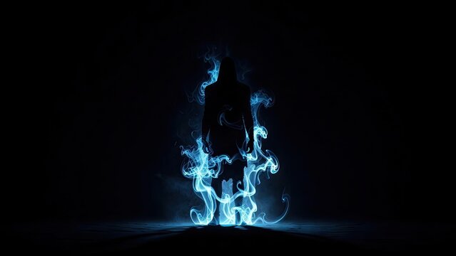 A glowing blue halloween ghost emerging from darkness creating a spooky ethereal atmosphere for seasonal horror themed design projects