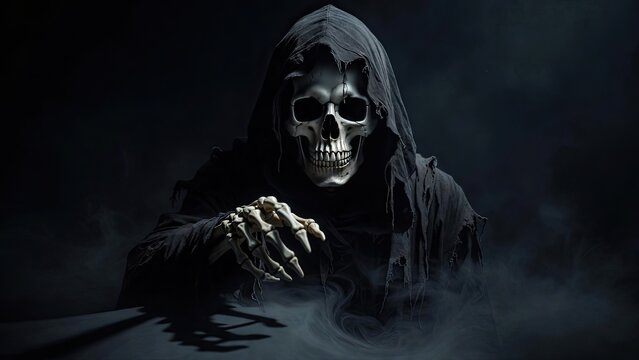 A terrifying halloween ghost with a skull face and dark hooded robe reaching out from the shadows in the darkness