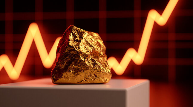 Shiny gold nugget resting on a white pedestal with a rising stock market chart background. Ideal for gold trading and.