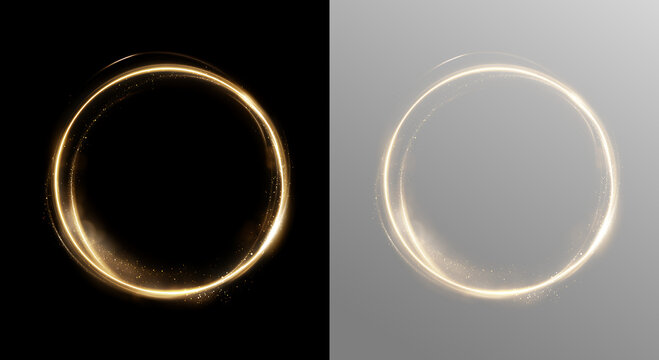 Light round line with an advantage effect. Golden dust circle light png. Golden glowing circle with luminous fire trail and sparkling particles isolated on transparent background.