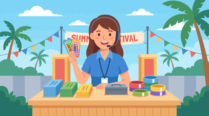 Fototapeta premium A cheerful ticket booth at a summer festival showcasing colorful tickets and merchandise, embodying the spirit of fun and excitement in community events.