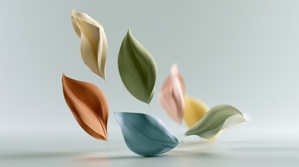 Obraz premium Matte leaves appear to float in an arc, captured in motion against a soft backdrop. The design is clean with a limited color range.
