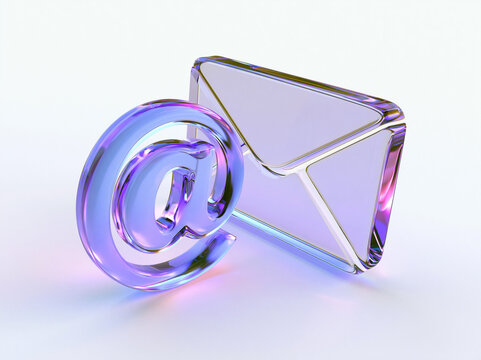 A clear glass email symbol next to a clear glass envelope. The symbol and envelope are rendered with soft lighting, creating a sense of professionalism and digital communication AI generative