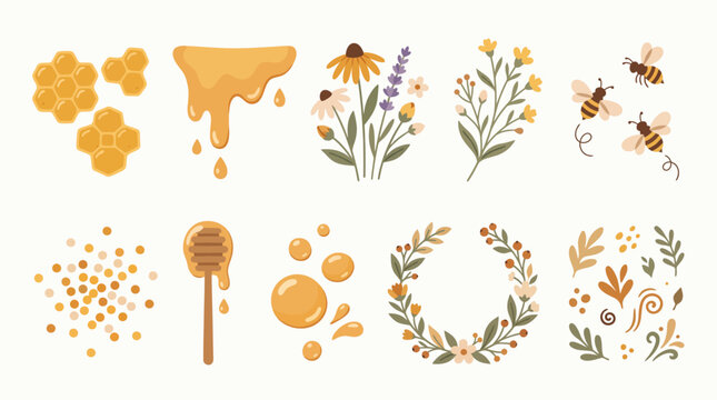 Amber honey drips and buzzing bee set with earthy botanical wildflowers and honeycomb icons