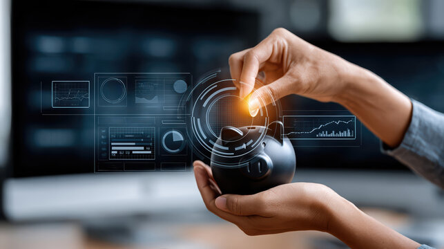 A hand drops a coin into a piggy bank as digital graphs and analytics interface hover around. Ultra detailed, futuristic investment and finance technology scene.