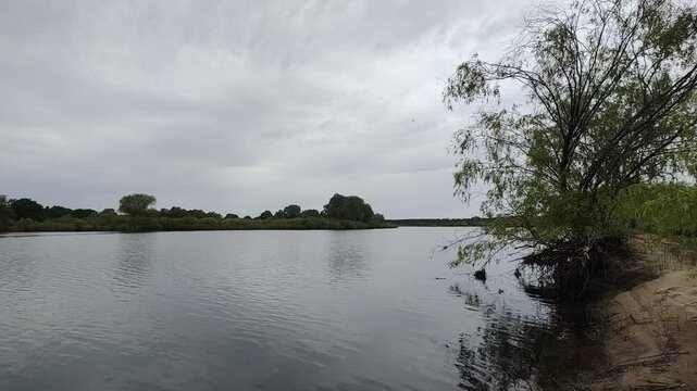 On the sandy bank of the river, bushes grow, their branches overhanging the water There are deciduous trees on the opposite bank. The wind creates ripples on the water. A midge is flying Cloudy spring