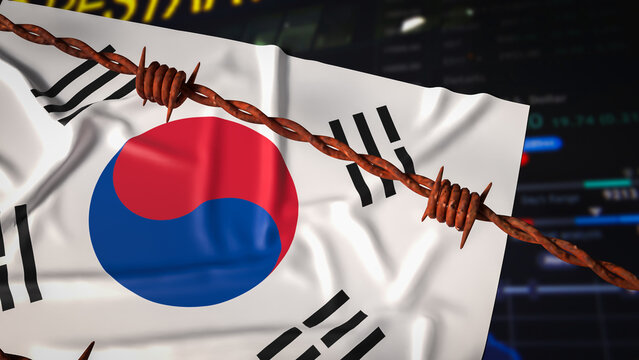 South Korean Economy Under Pressure Behind Barbed Wire 3d render.