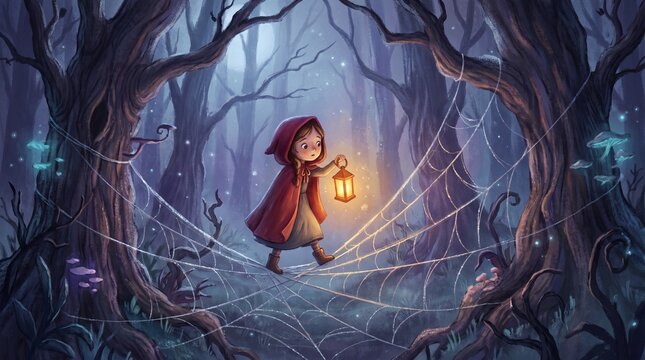 Little girl walking through spooky forest with lantern