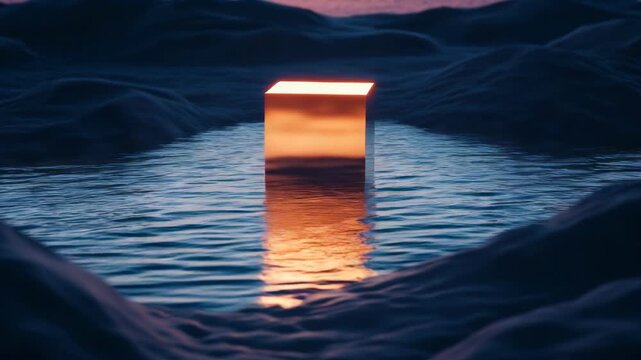 A small red cube floating on the surface of a body of water at night with a blurred background.