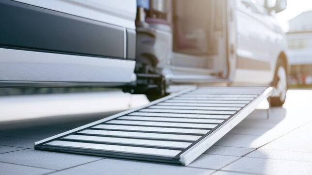 Wheelchair accessible van ramp close up on white van and aluminum ramp in bright morning light with clean pavement and soft blur background