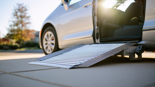 Wheelchair ramp van aluminum ramp accessible vehicle mobility aid open door side door silver car pavement transportation accessibility disabled access assistive device loading ramp outdoor