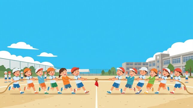 運動会の綱引きをする小学生のイラスト（青空のコピースペース付き）