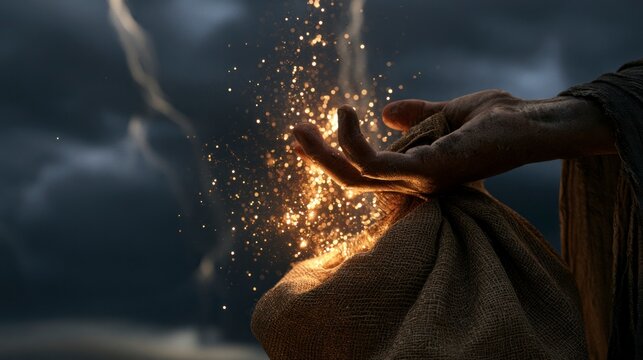 Cinematic Close-up of a Hand Opening a Burlap Bag Filled with Glowing Golden Particles Against a Stormy Lightning Sky